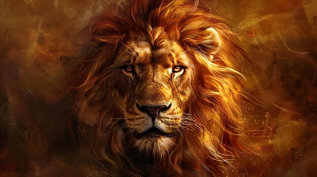 A regal lion with a flowing mane, staring intensely at the camera, its powerful muscles evident beneath its tawny fur.