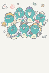 年賀状2025　七福神　巳年　巳　へび　蛇　はがきテンプレート　かわいい　イラスト素材