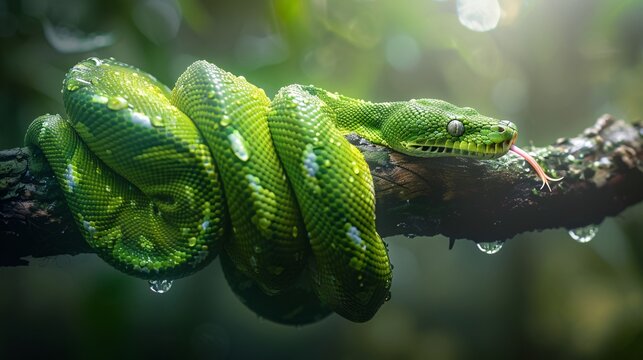 A slithering green tree python, its scales catching the light as it winds its way around a branch, its forked tongue tasting the air.