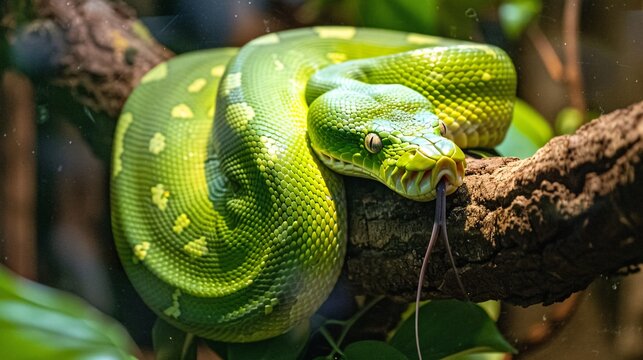 A slithering green tree python, its scales catching the light as it winds its way around a branch, its forked tongue tasting the air.