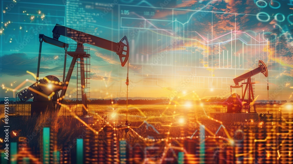 Aufkleber oil pumpjacks operate in a field as a digital overlay of financial charts and graphs displays rising