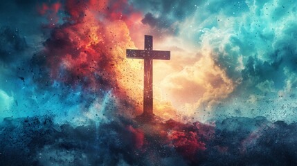 lone figure stands near a wooden cross against a backdrop of swirling, colorful clouds, suggesting a spiritual and emotional experience.