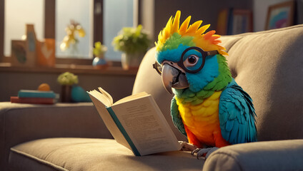 Cute  adorable  parrot reading a book at home learning