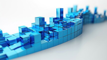 Vivid blue 3D blocks rise in a sharp curve, illustrating a booming stock market, isolated on white.