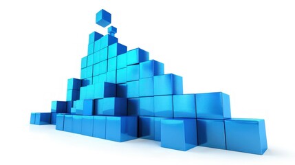 Vivid blue 3D blocks rise in a sharp curve, illustrating a booming stock market, isolated on white.