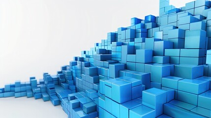 Fototapeta premium Vivid blue 3D blocks rise in a sharp curve, illustrating a booming stock market, isolated on white.