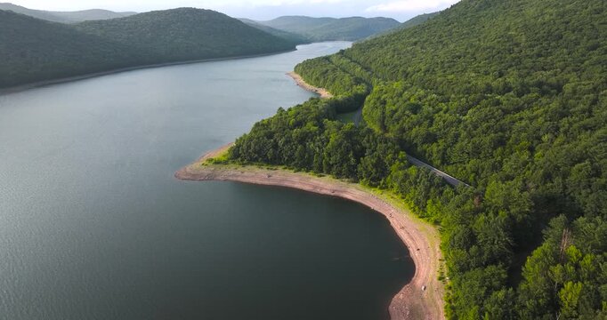 Summer aerial video of the Route 10 bridge over the Cannonsville Reservoir, Delaware County, NY, NYC DEP water supply	