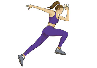 Dessin illustration femme en train de courir vite coureuse jogging sprint 100 mètres rapide cheveux attachés en queue de cheval en pantalon et brassière violet et basket