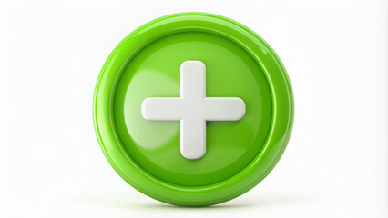 Fototapeta premium Here is the description:..Stylized bright green circle with a bold white plus sign embedded inside, set against a clean white background, conveying positivity and harmony.