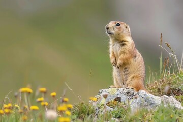 Ground squirrel standing alert on a rock in a grassy meadow with yellow flowers, capturing a serene wildlife moment.