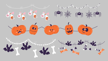 Set of Halloween garlands. Bright and colourful handdrawn decoration. Vector pumpkins, spiders, bats, bones and candies.