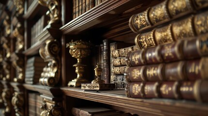 Fototapeta premium Elegant Bookshelf Overflowing with Old Financial Records and Accounting Books with Distinctive Golden Bookends and Intricate Hand Carved Wood Elements