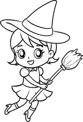 Chibi and cute witch flying on broom