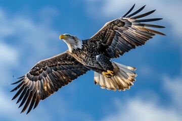 Obraz premium Majestic bald eagle soaring through a clear blue sky, showcasing its powerful wings and sharp beak, symbolizing freedom and strength.