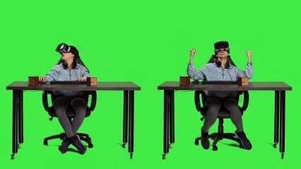 POV of gamer using virtual reality on pc video games and winning, feeling proud and happy with her...
