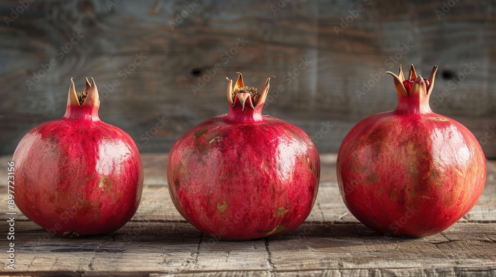 Poster three whole, ripe pomegranates sit in a row on a rustic wooden surface.