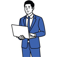 Businessman standing while holding laptop in line art