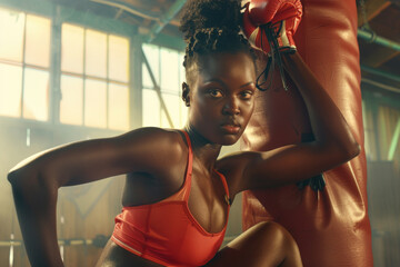 young woman boxer, wearing red gloves, leans against a punching bag in a boxing gym, preparing for her workout.