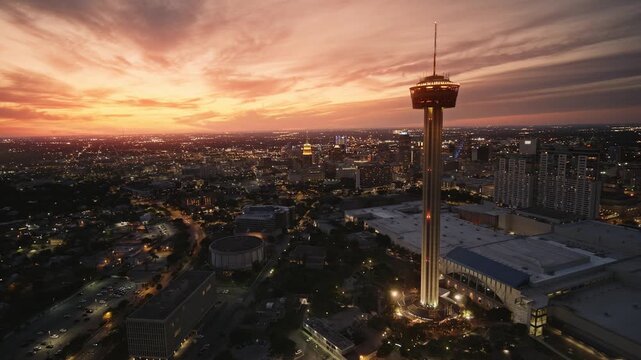 Downtown San Antonio skyline with Tower of Americas at Sunset 