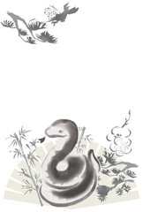 年賀状2025　年賀状　巳年　巳　蛇　へび　筆　日本画　墨絵　水墨画　はがきテンプレート　イラスト素材　白黒