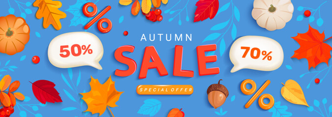 Autumn sale horizontal banner with promo discounts inside 3d speech bubbles. Colorful fall leaves,rowanberries,acorns,pumpkins.Template for seasonal offers,promo,presentation.Vector illustration