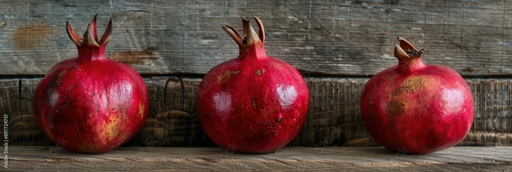 Poster three ripe pomegranates sit in a row on a rustic wooden table.