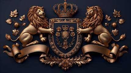 Luxury coat of arms art. Black background. Lions 