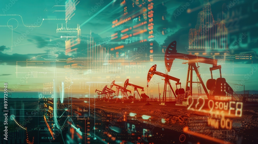 Poster an oil pump field at sunset with a digital screen overlay of a financial chart graph highlighting ri