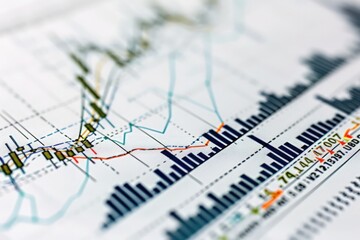 White background featuring a financial chart with a steady upward slope in stock prices.
