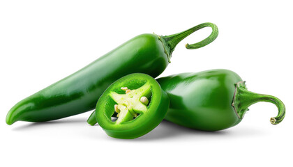 jalapeno peppers and slices isolated. Green chili pepper 