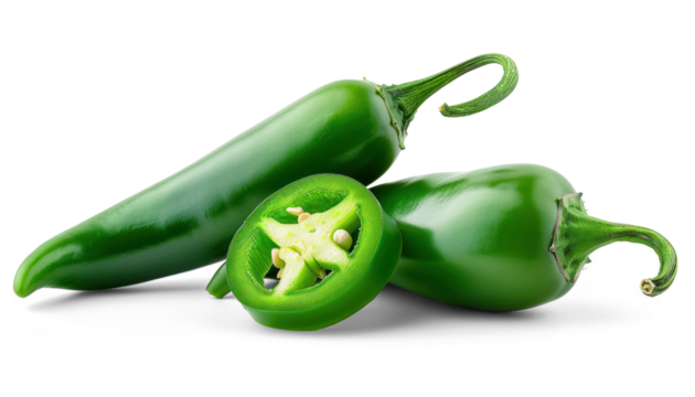 jalapeno peppers and slices isolated. Green chili pepper 