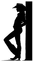 Silhouette of a cowgirl leaning on a wall, isolated 