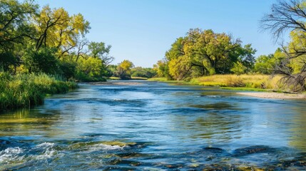 Blue water river flowing through a serene countryside landscape, surrounded by trees and clear sky