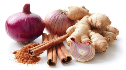 Fresh ginger, onion, and cinnamon sticks isolated on white background, ideal for food and spice photography