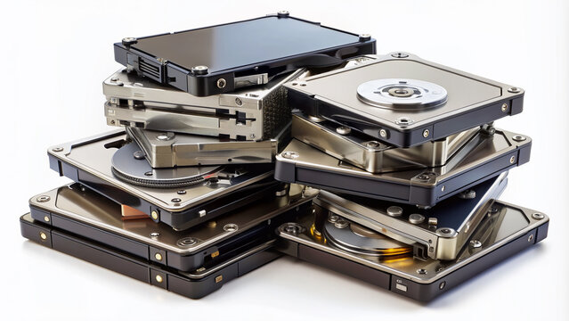 A pile of various internal and external hard drives in different shapes and sizes stacked on top of each other on a white background.