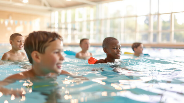 a group of young children learning to swim in a community swimming pool. The kids are accompanied by an instructor who is guiding them through basic strokes. They wear colorful swi