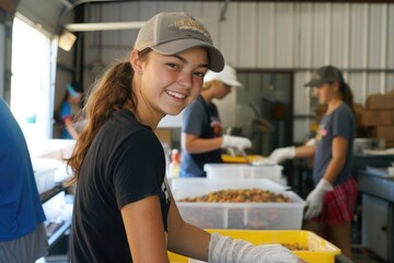 Teenagers volunteering at a local shelter, preparing food with smiles in a supportive environment