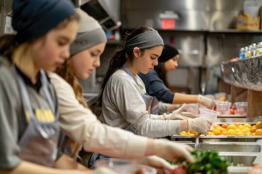 Teenagers preparing food in a kitchen while volunteering at a local shelter or food bank