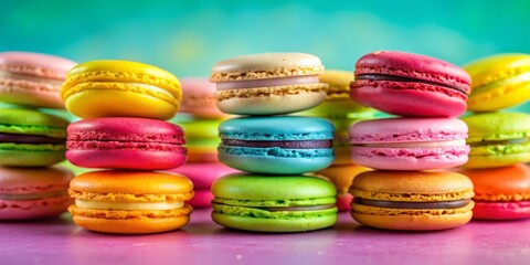 Fototapeta premium Colorful Macarons Stacked on Purple Background, close-up , french pastry , dessert , treat