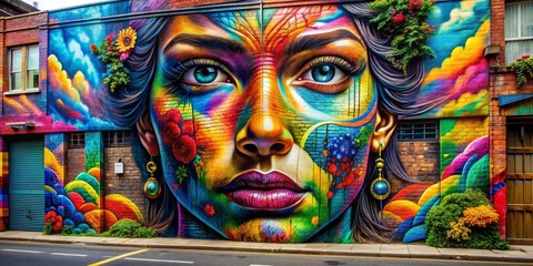 Colorful Graffiti Mural of a Woman's Face on Brick Wall, Street Art, Urban Art, Mural Painting, Graffiti Art