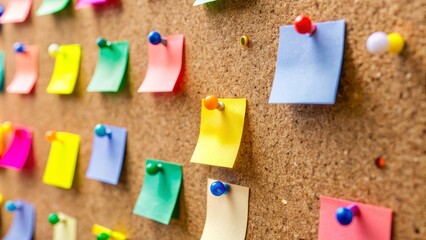 Colorful Sticky Notes on Corkboard, Corkboard, Sticky Notes, Reminder, Message Board, Organization