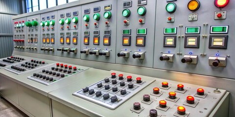 Control Panel with Red Buttons and Green Lights, Industrial Control Room, Machine Control, Switchboard , control panel, industry, technology