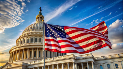 American flag waving in front of the United States Capitol Building in Washington D.C., symbolizing American politics and federal government institutions.
