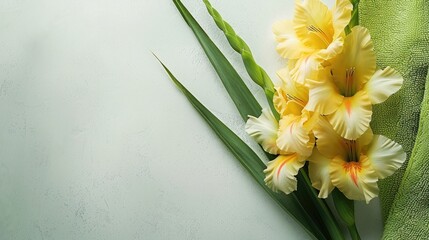 Yellow gladiolus branch on green towel in panoramic photo with white background Beauty and spa concept with text space