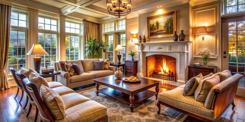 Cozy Living Room with Fireplace and Large Windows, Wide Shot, Fireplace, Living Room, Interior Design, Home Decor