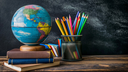 Globe, Colorful Pencils and Books on Wooden Desk with Blackboard Background, Back to School Supplies and Classroom Learning Concept