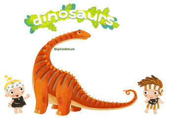 caveman human cartoon happy and funny colorful prehistoric dinosaur dino diplodocus isolated illustration with child pointing on animal © honeyflavour