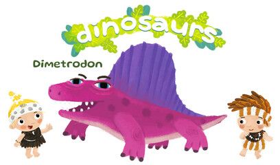 caveman human cartoon happy and funny colorful prehistoric dinosaur dino dimetrodon isolated illustration with child pointing on animal © honeyflavour