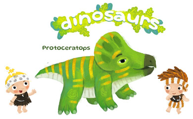 caveman human cartoon happy and funny colorful prehistoric dinosaur dino protoceratops isolated illustration with child pointing on animal