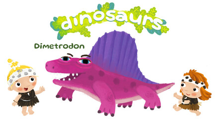 caveman human cartoon happy and funny colorful prehistoric dinosaur dino dimetrodon isolated illustration with child pointing on animal